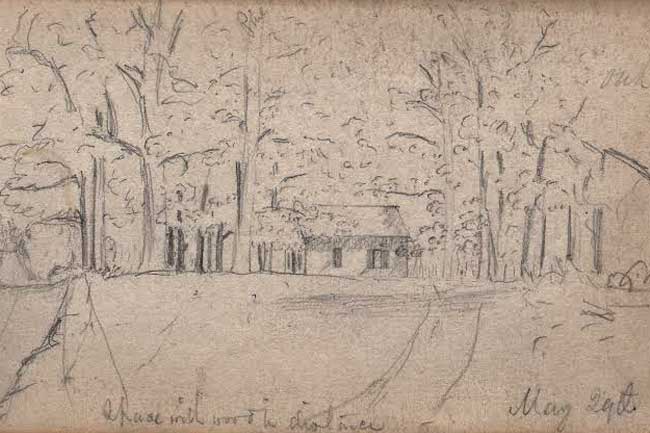 Exterior of Historic Polegreen Church. Drawing by Lieutenant Thomas M. Farrell, 1862.